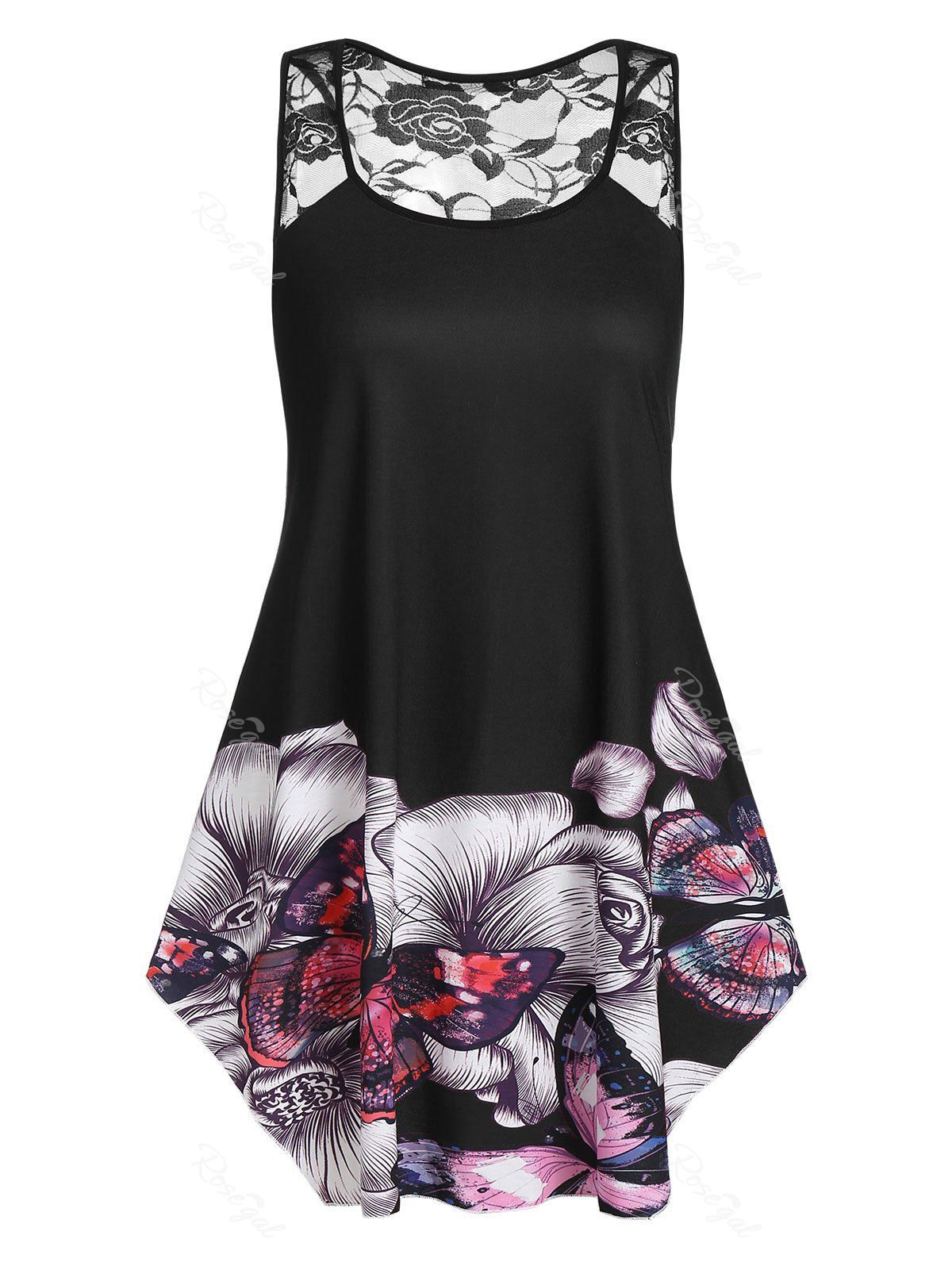 

Plus Size Floral Butterfly Print Swing Tank Top, Black