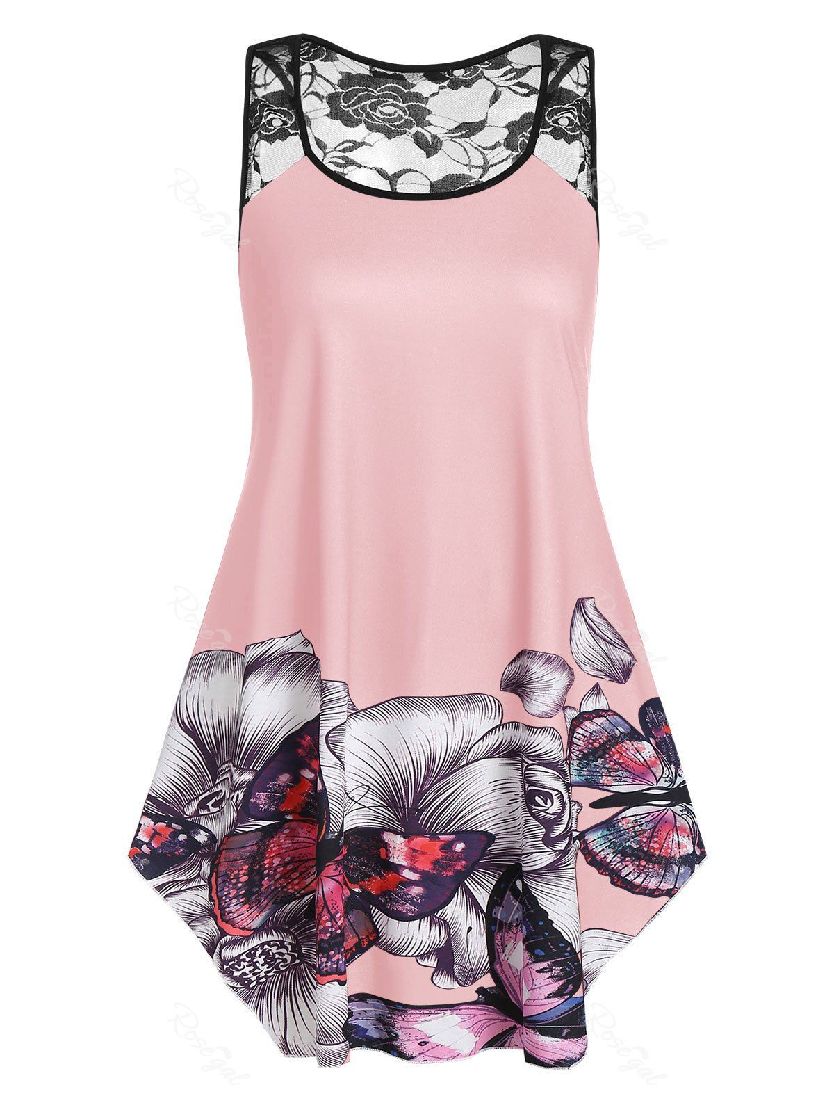 

Plus Size Floral Butterfly Print Swing Tank Top, Pig pink