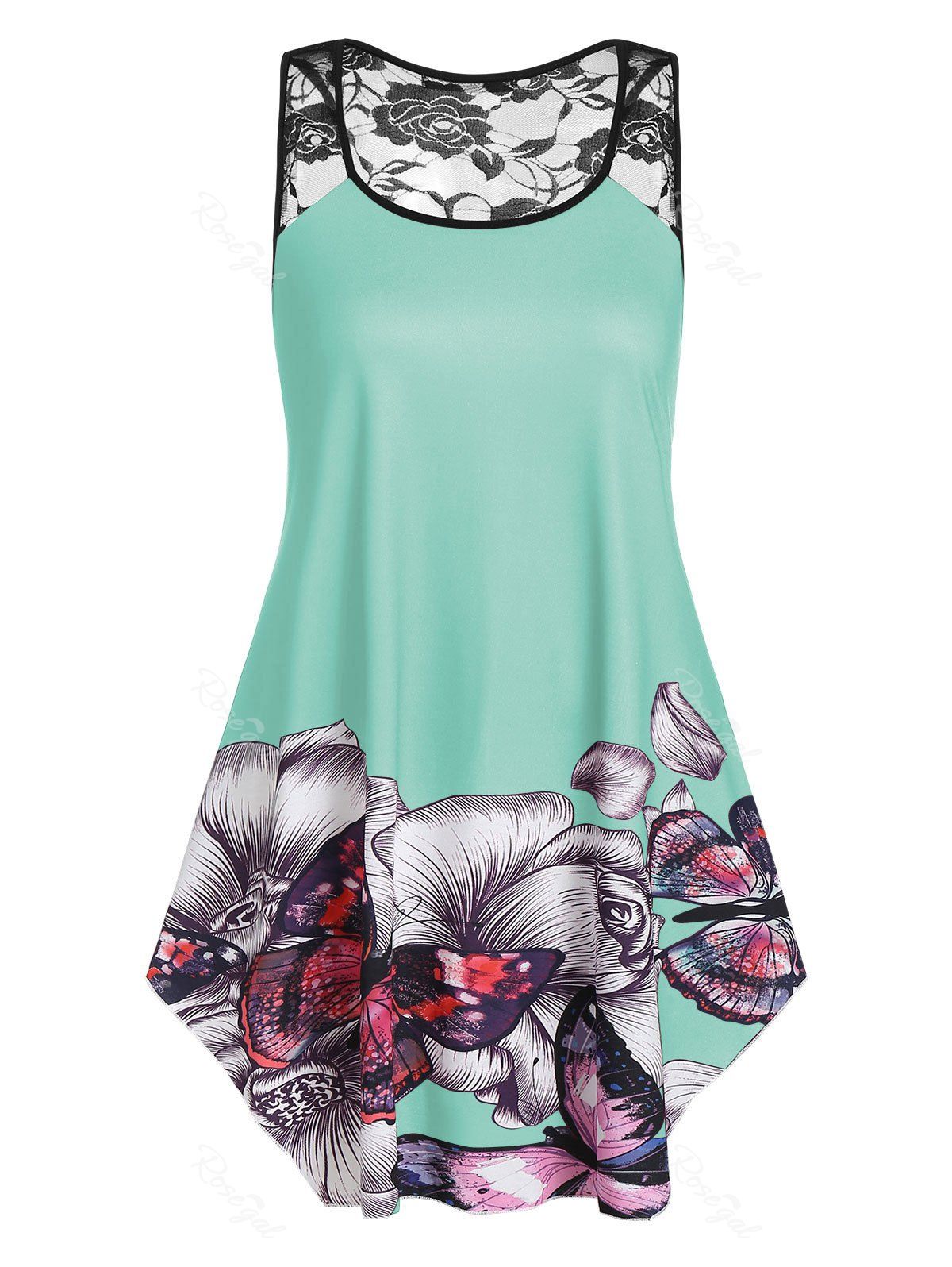 

Plus Size Floral Butterfly Print Swing Tank Top, Light slate