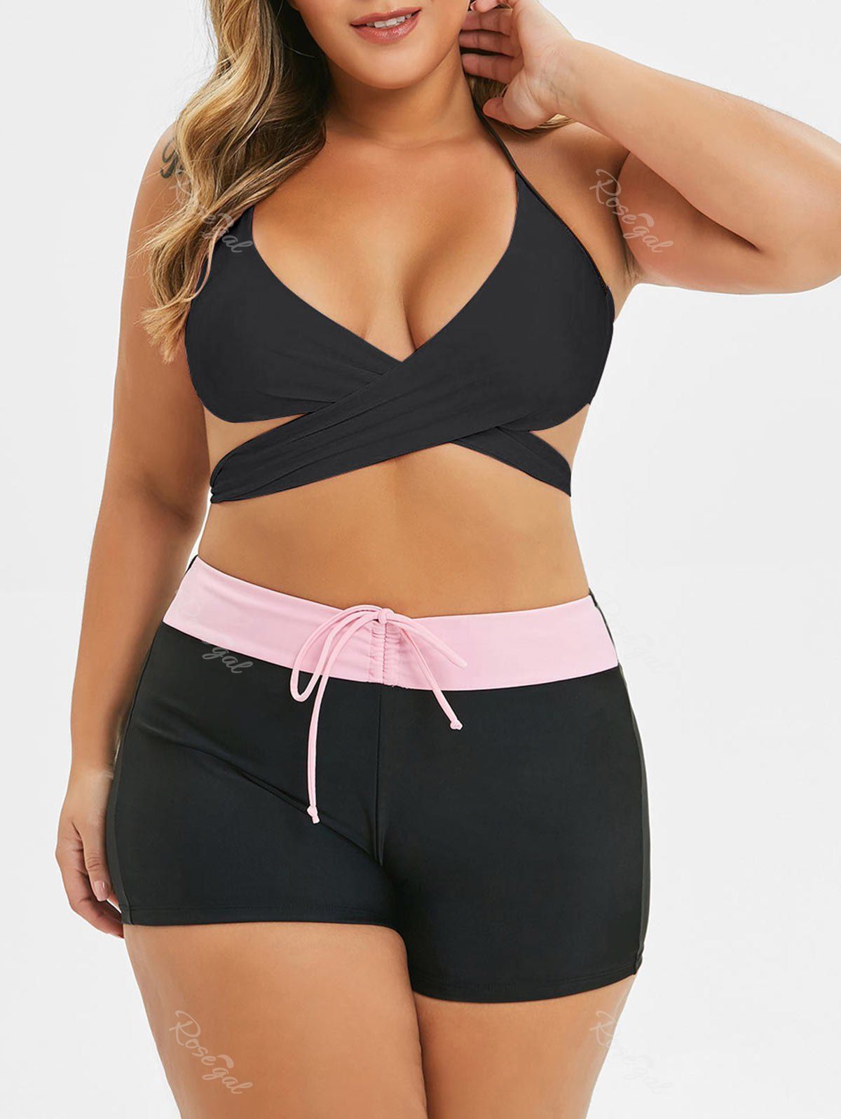 

Plus Size Criss Cross Two Tone Wrap Bikini Swimsuit, Black