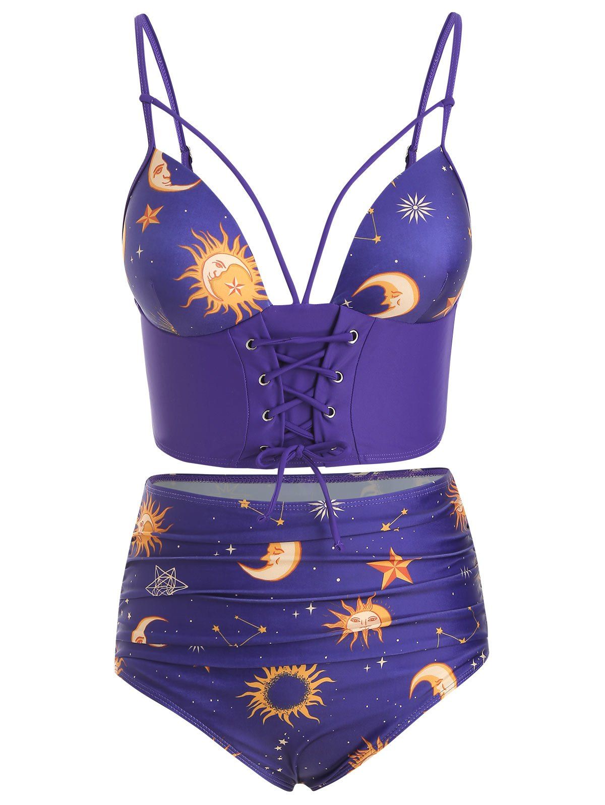 

Lace Up Ruched Sun and Moon Tankini Swimsuit, Purple