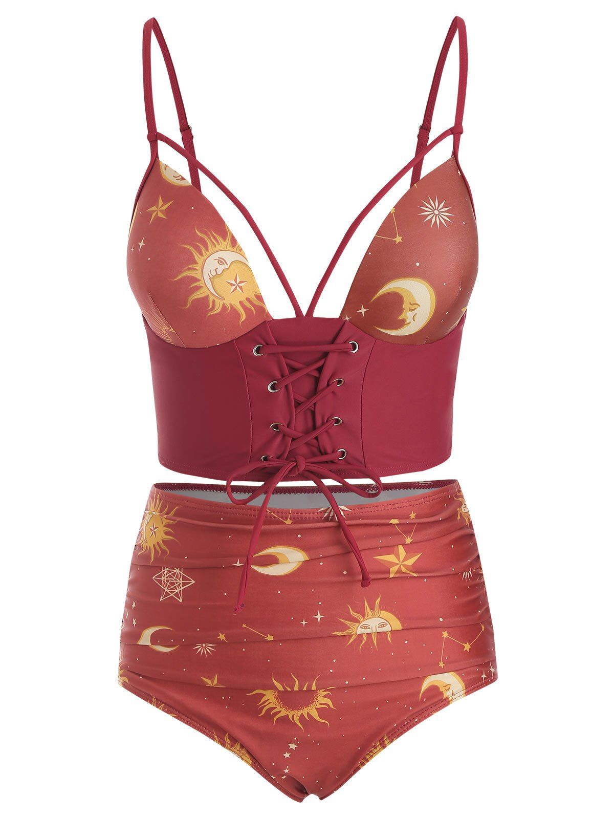 

Lace Up Ruched Sun and Moon Tankini Swimsuit, Red wine