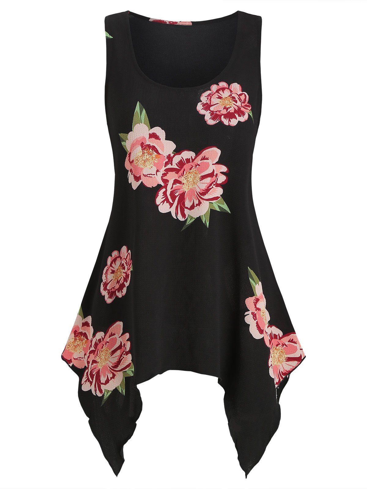 

Asymmetrical Flower Printed Casual Tank Top, Black