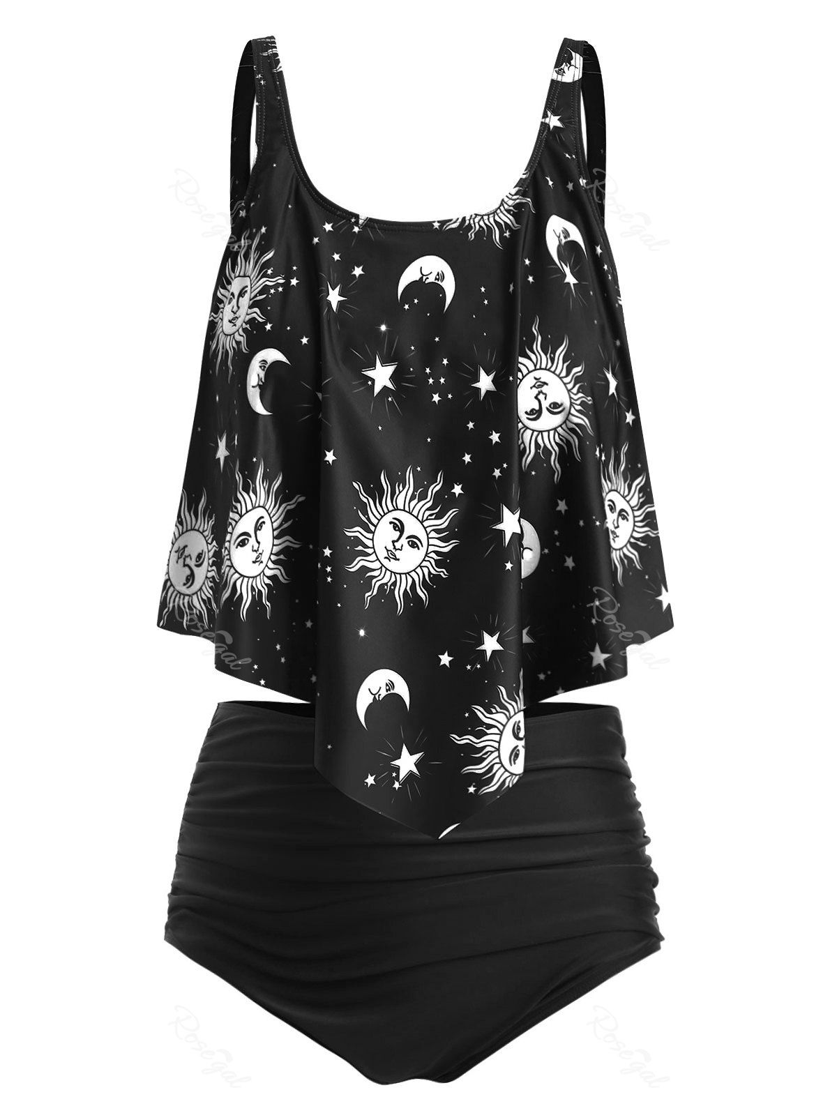 

Plus Size Sun Moons Print Ruffled Tankini Set, White