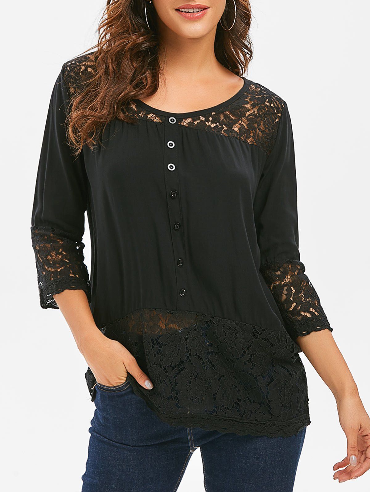 

Lace Panel Button Tunic Top, Black