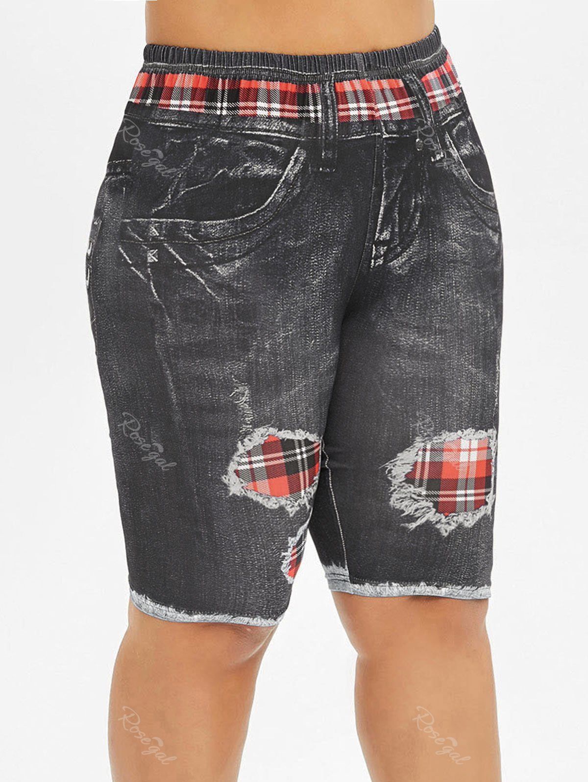 

Printed Skinny Plaid Panel Plus Size Shorts, Black
