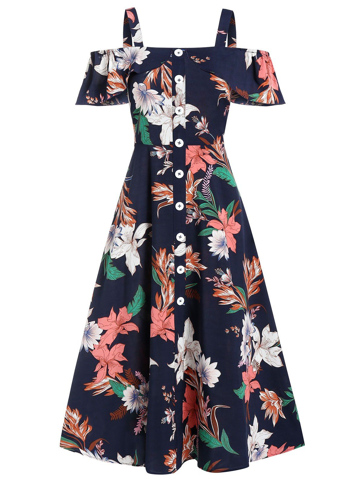 

Square Collar Ditsy Print Open Shoulder Dress, Cadetblue