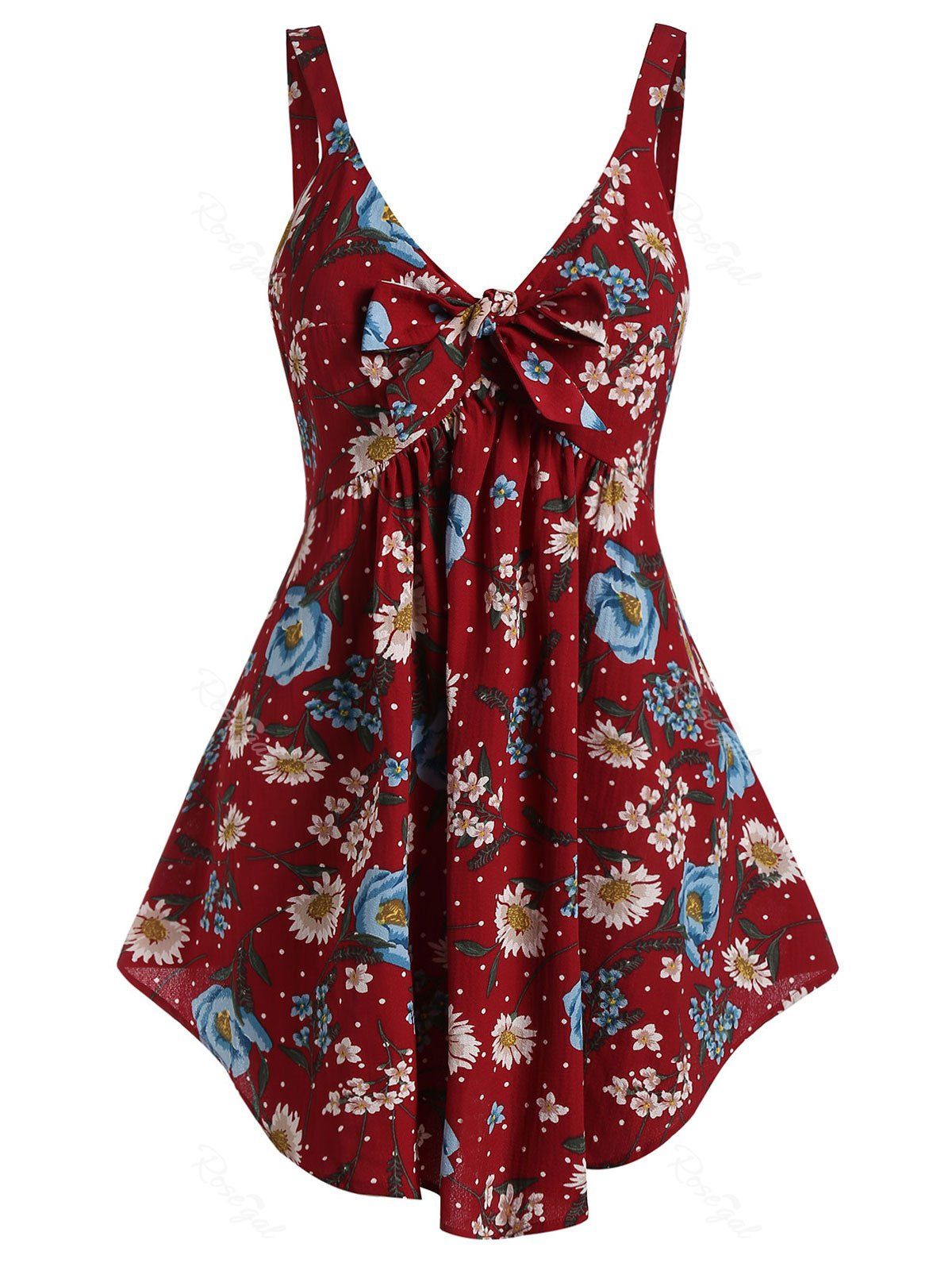 

Plus Size Floral Print Bowknot Shirred Tank Top, Red wine
