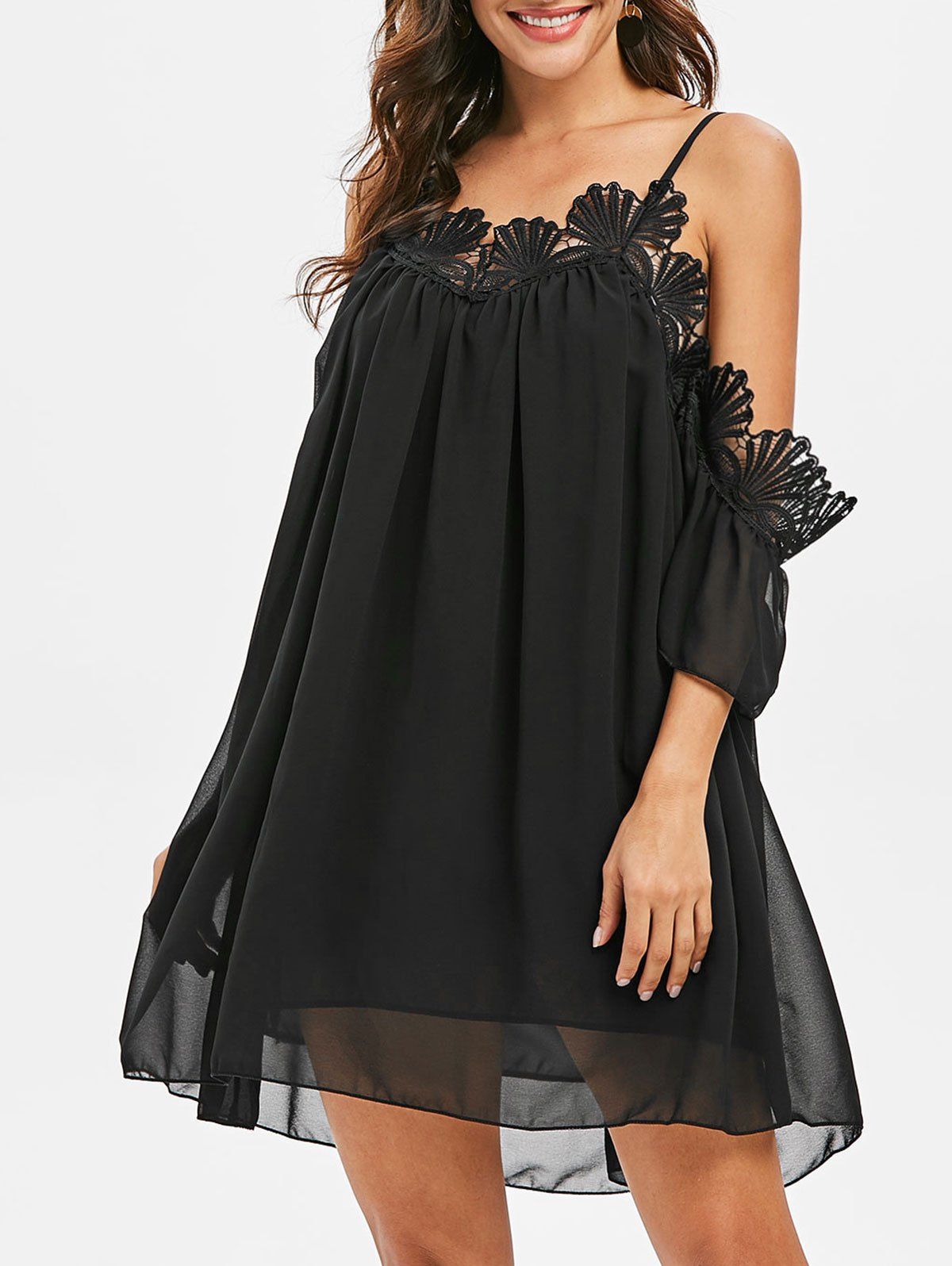 

Lace Trim Loose Mini Cami Dress, Black