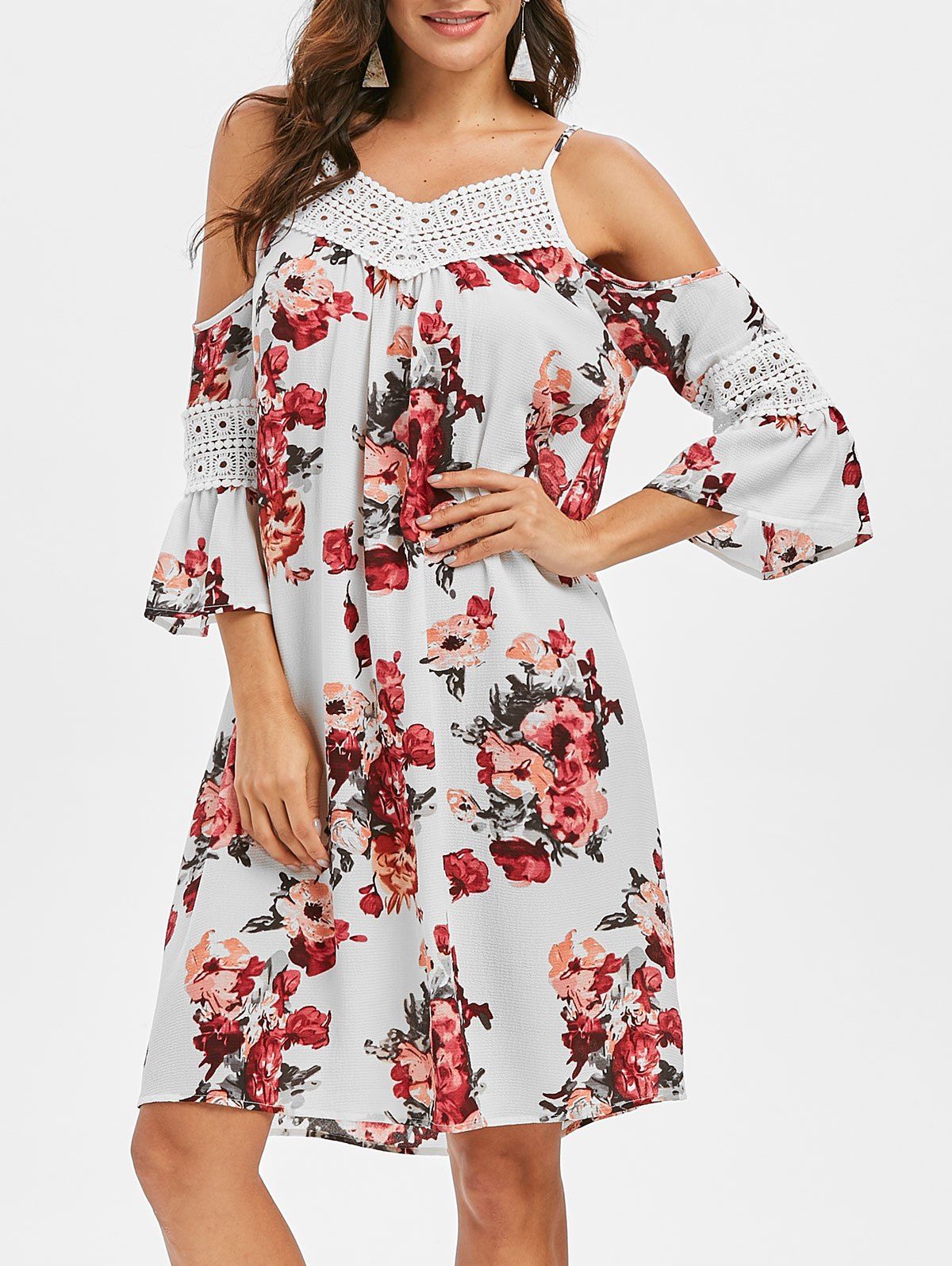 

Floral Crochet Yoke Flare Sleeve Dress, Multi