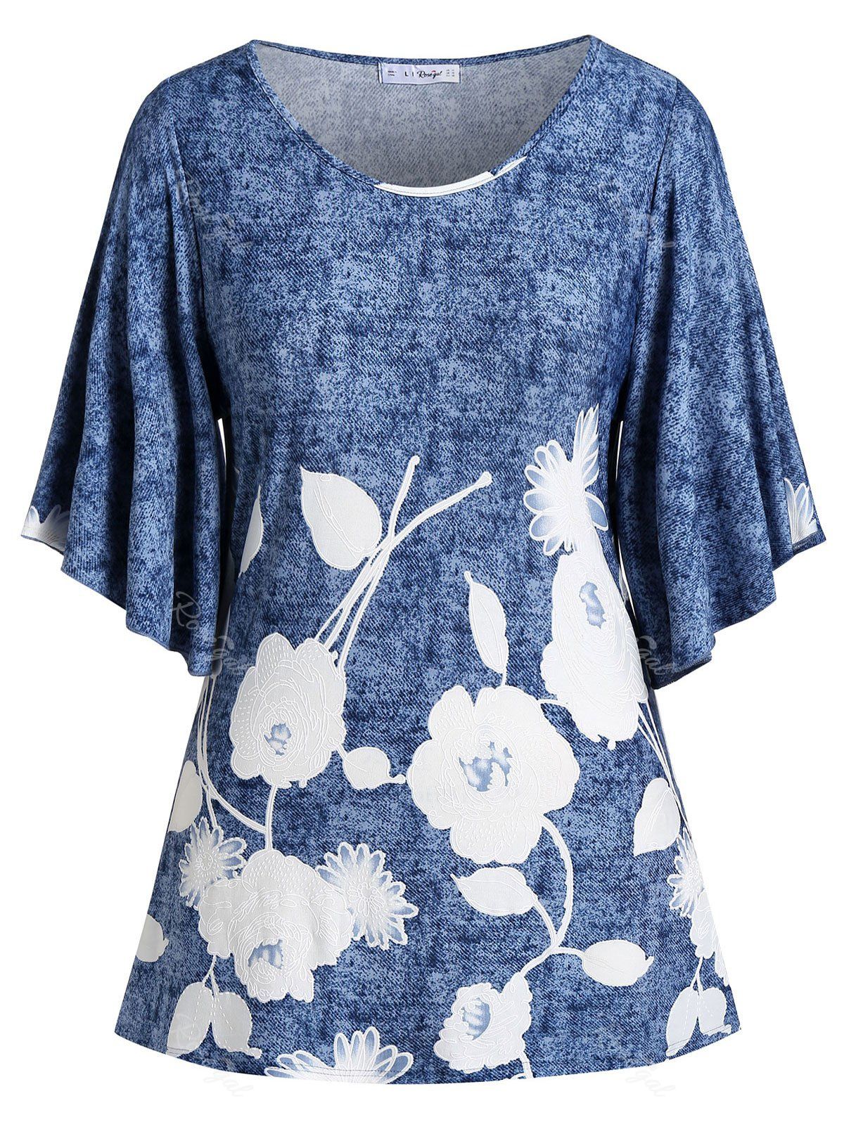 

Plus Size Round Collar Tunic Printed T Shirt, Blue koi