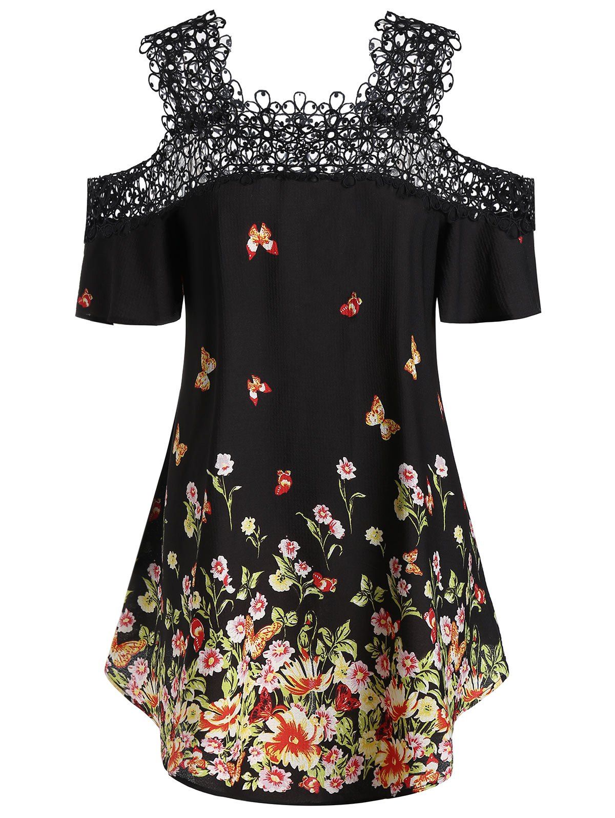 

Plus Size Open Shoulder Lace Panel Floral Blouse, Night