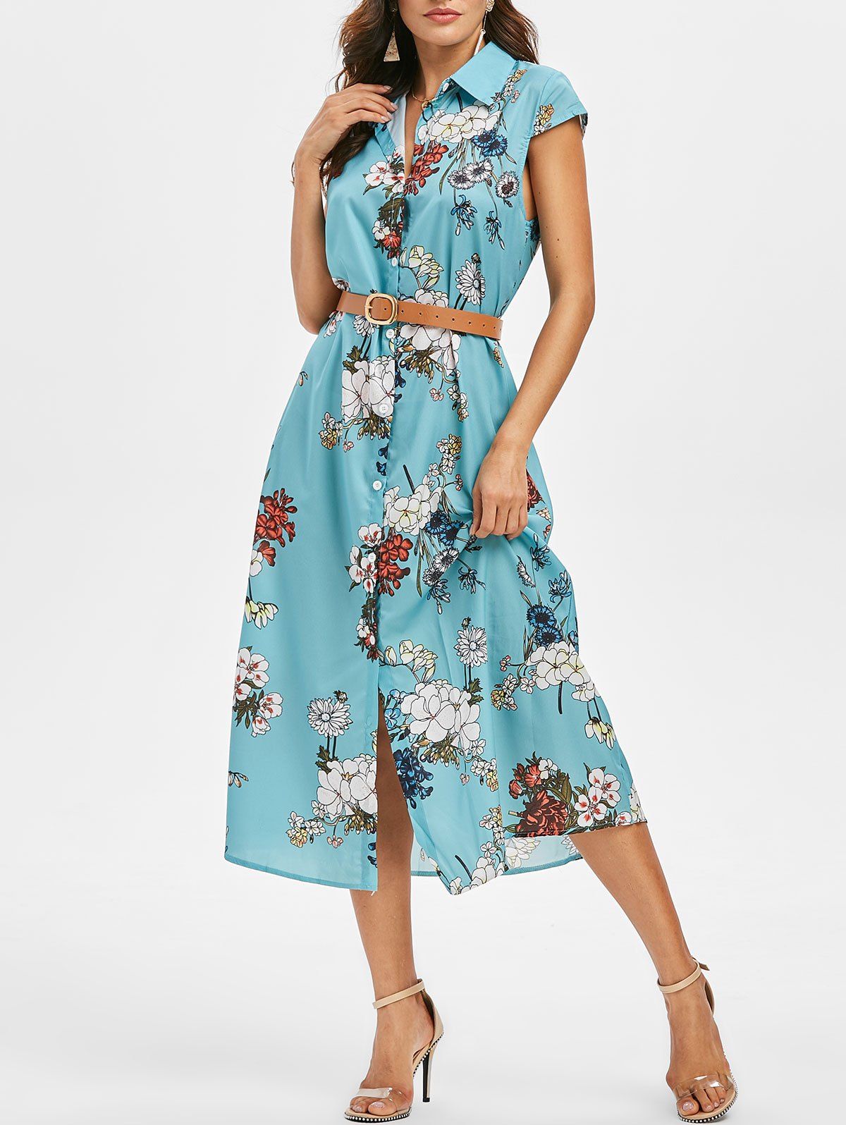

Floral Shirt Collar Belted Dress, Macaw blue green