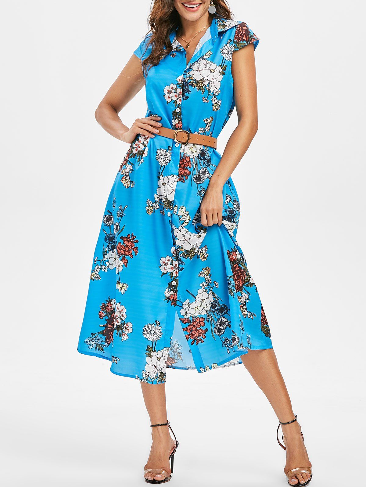 

Floral Shirt Collar Belted Dress, Sky blue