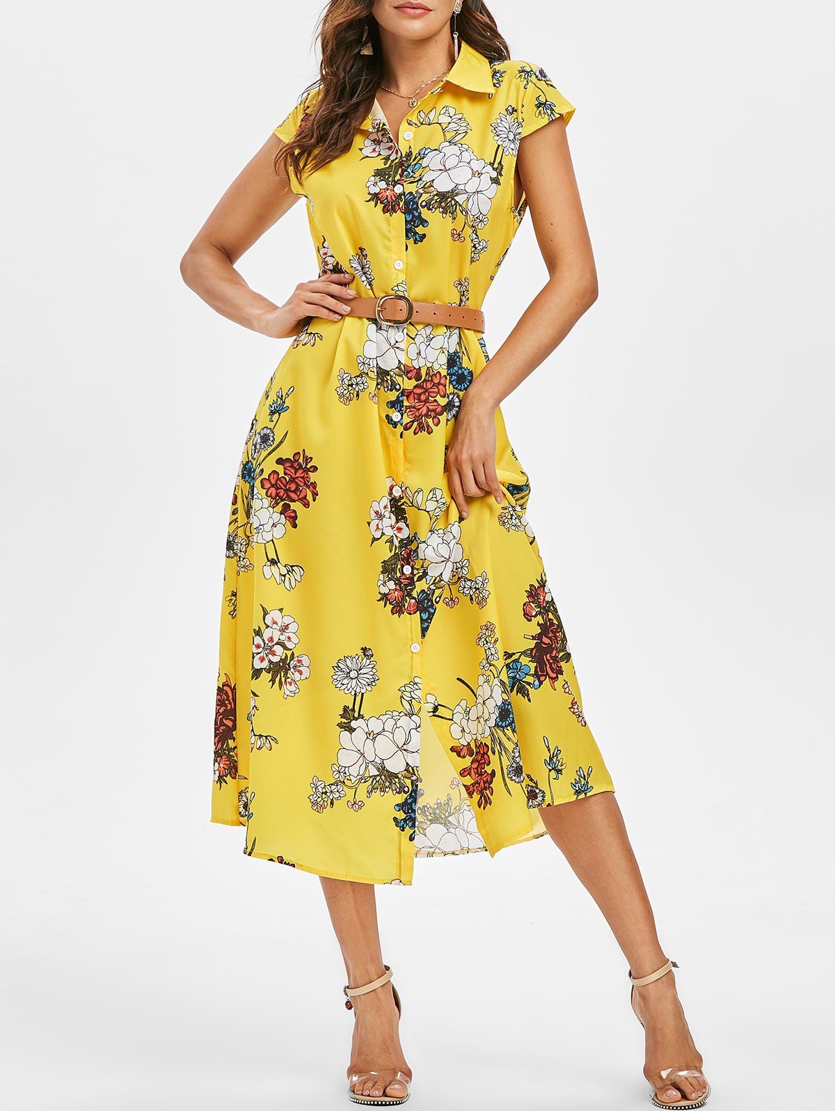 

Floral Shirt Collar Belted Dress, Bee yellow