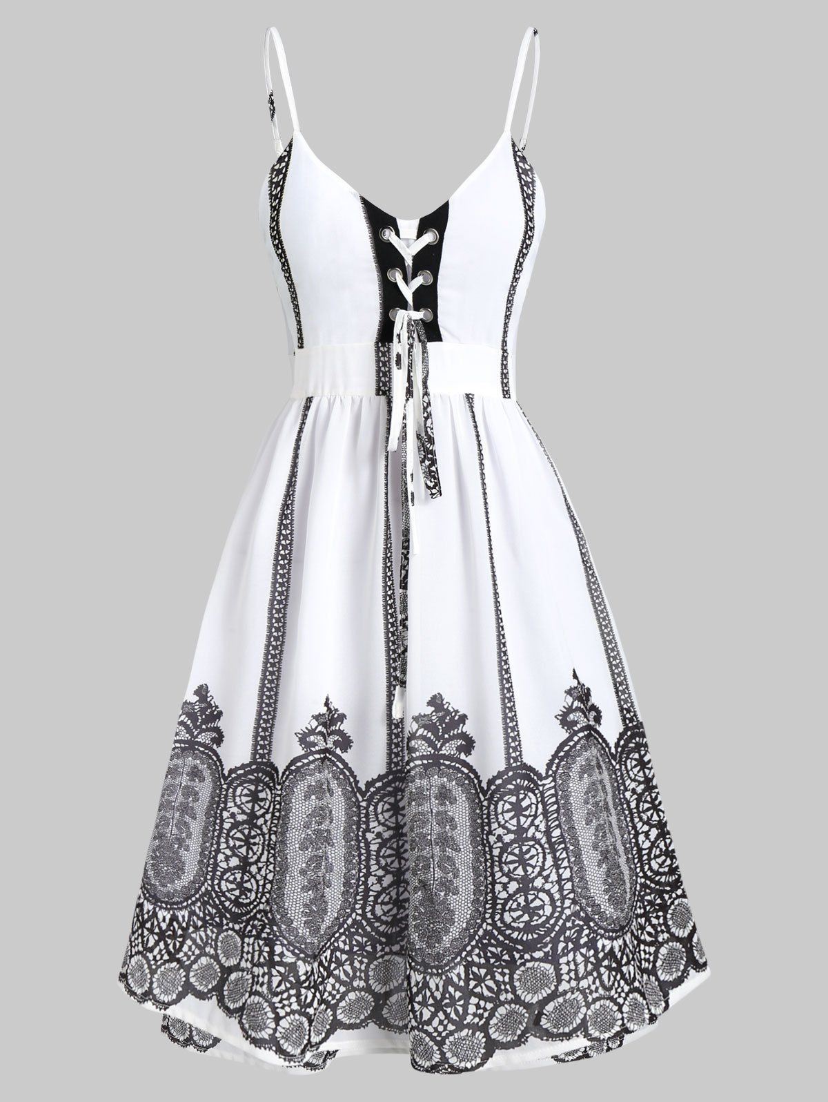 

Lace-up Backless Printed Spaghetti Strap Dress, White