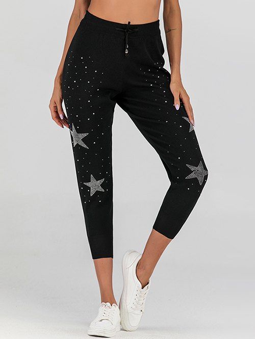 

Drawstring Waist Rhinestone High Waisted Knit Pants, Black