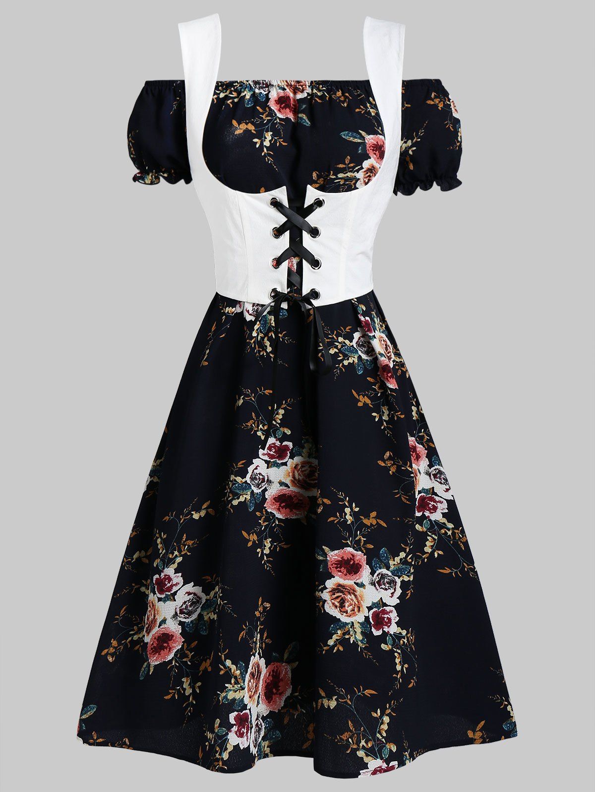 

Off Shoulder Flower Dress and Waistcoat Set, Midnight blue