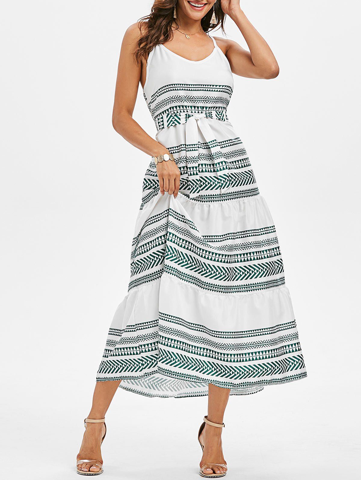 

Geometric Belted Cami Dress, Deep green