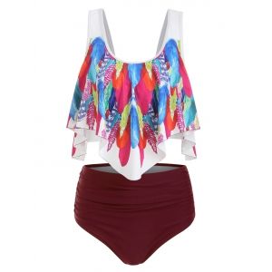 

Feather Print Padded Overlay Tankini Swimsuit, Red wine
