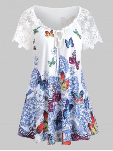 Butterfly Print Lace Sleeves Keyhole T-shirt