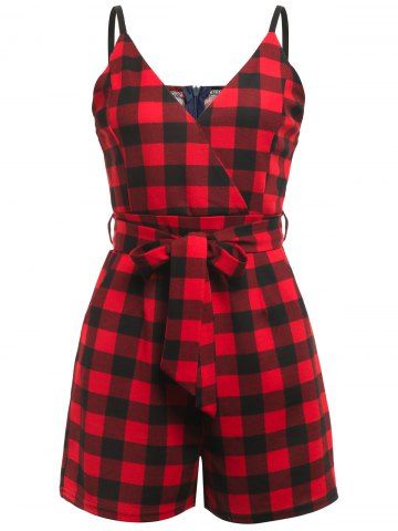 

Cami Plaid Belted Sleeveless Romper, Red wine