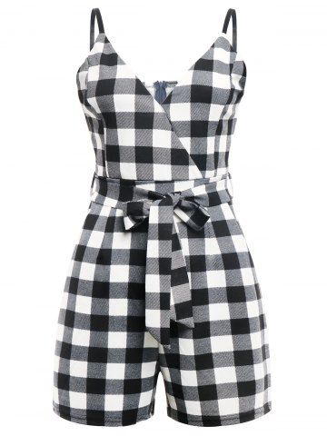 

Cami Plaid Belted Sleeveless Romper, White