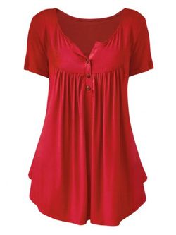Plus Size Solid Color Ruched Front Button T Shirt - RED - 2X