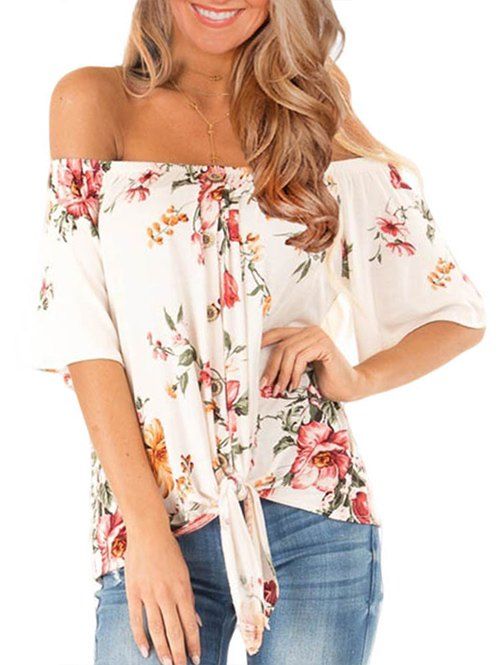 

Flower Off Shoulder Tie Hem T-shirt, White