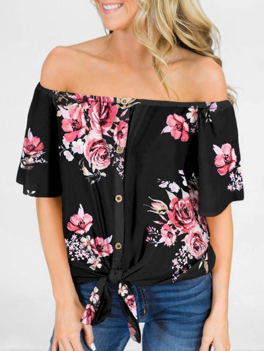 

Flower Off Shoulder Tie Hem T-shirt, Black