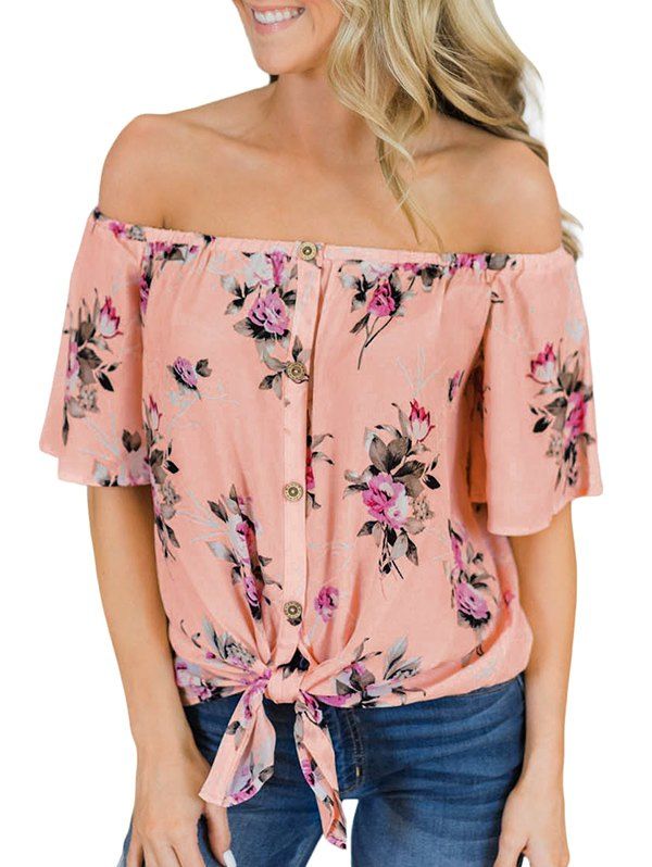 

Flower Off Shoulder Tie Hem T-shirt, Deep peach