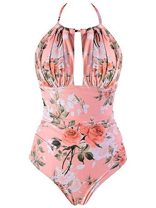 

Halter Flower Backless One-Piece Swimsuit, Deep peach