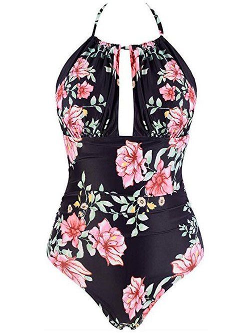 

Halter Flower Backless One-Piece Swimsuit, Pink