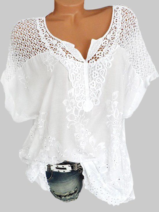 

Plus Size Crochet Embroidery Blouse, White