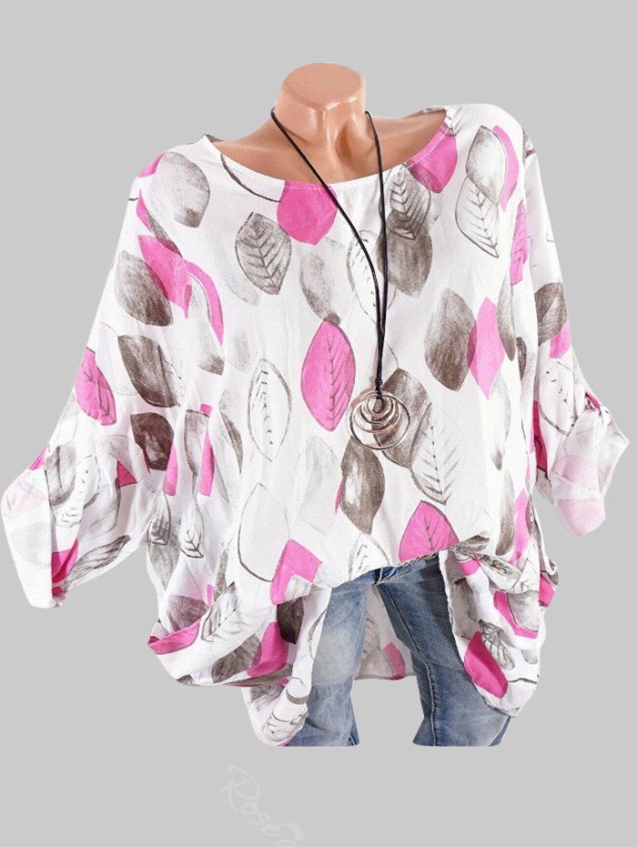 

Plus Size Leaf Print Front Pockets Long Blouse, Multi