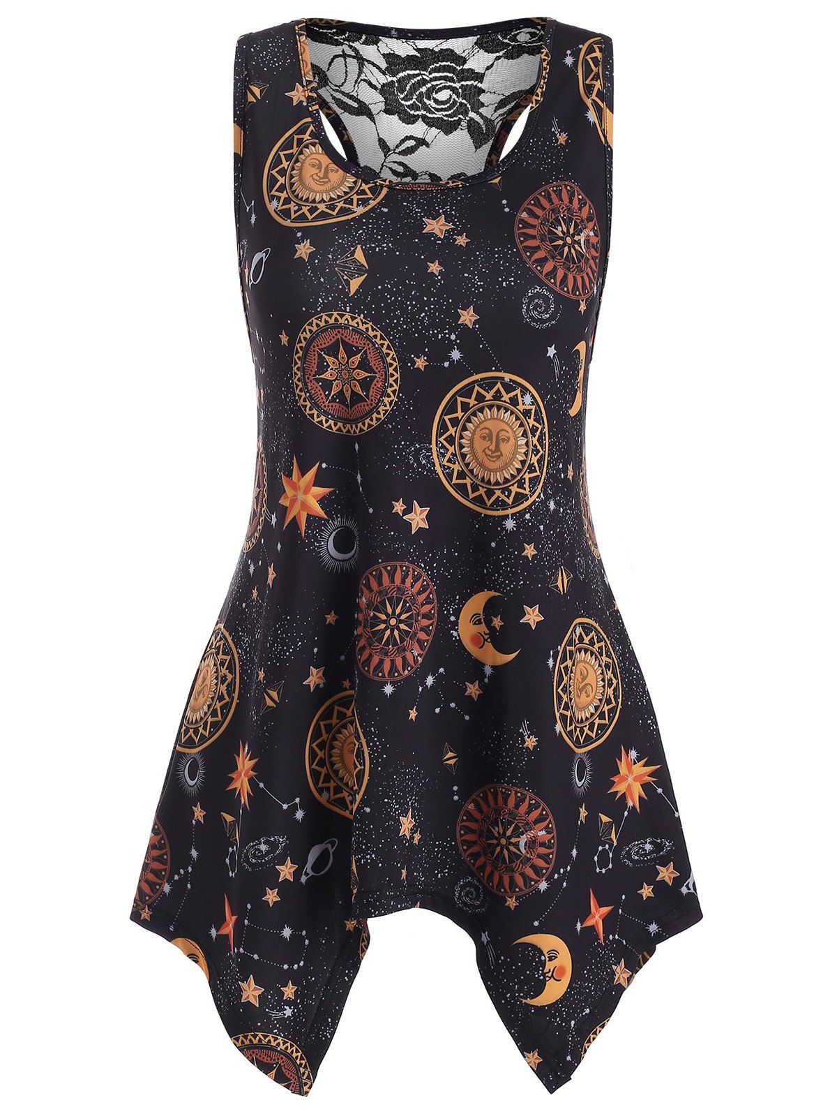 

Sun Star Print Lace Insert Handkerchief Tank Top, Multi