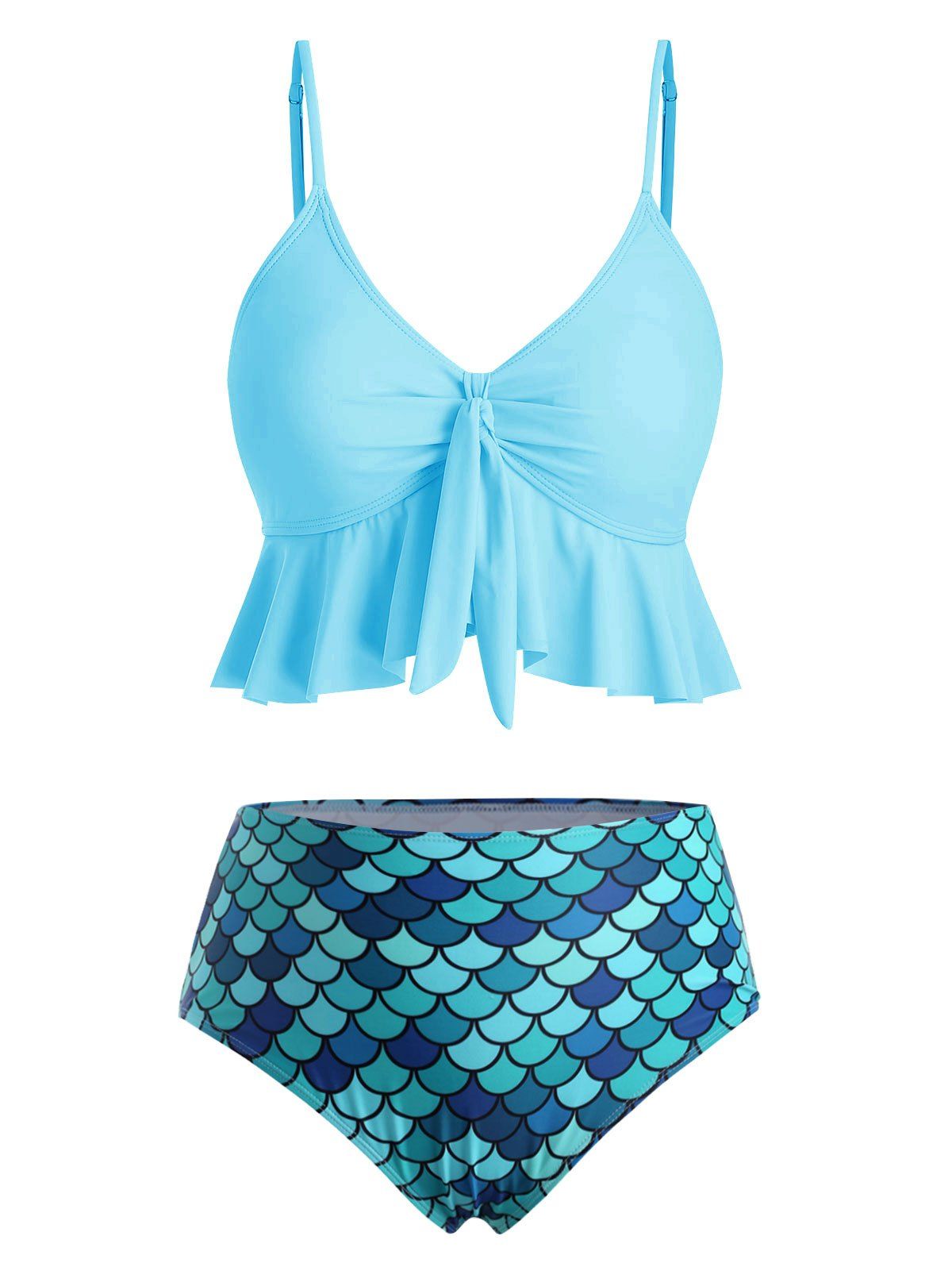 Maillot de Bain Tankini Sirène Noué à Imprimé Ecale de Poisson à Volants Bleu Zircon M