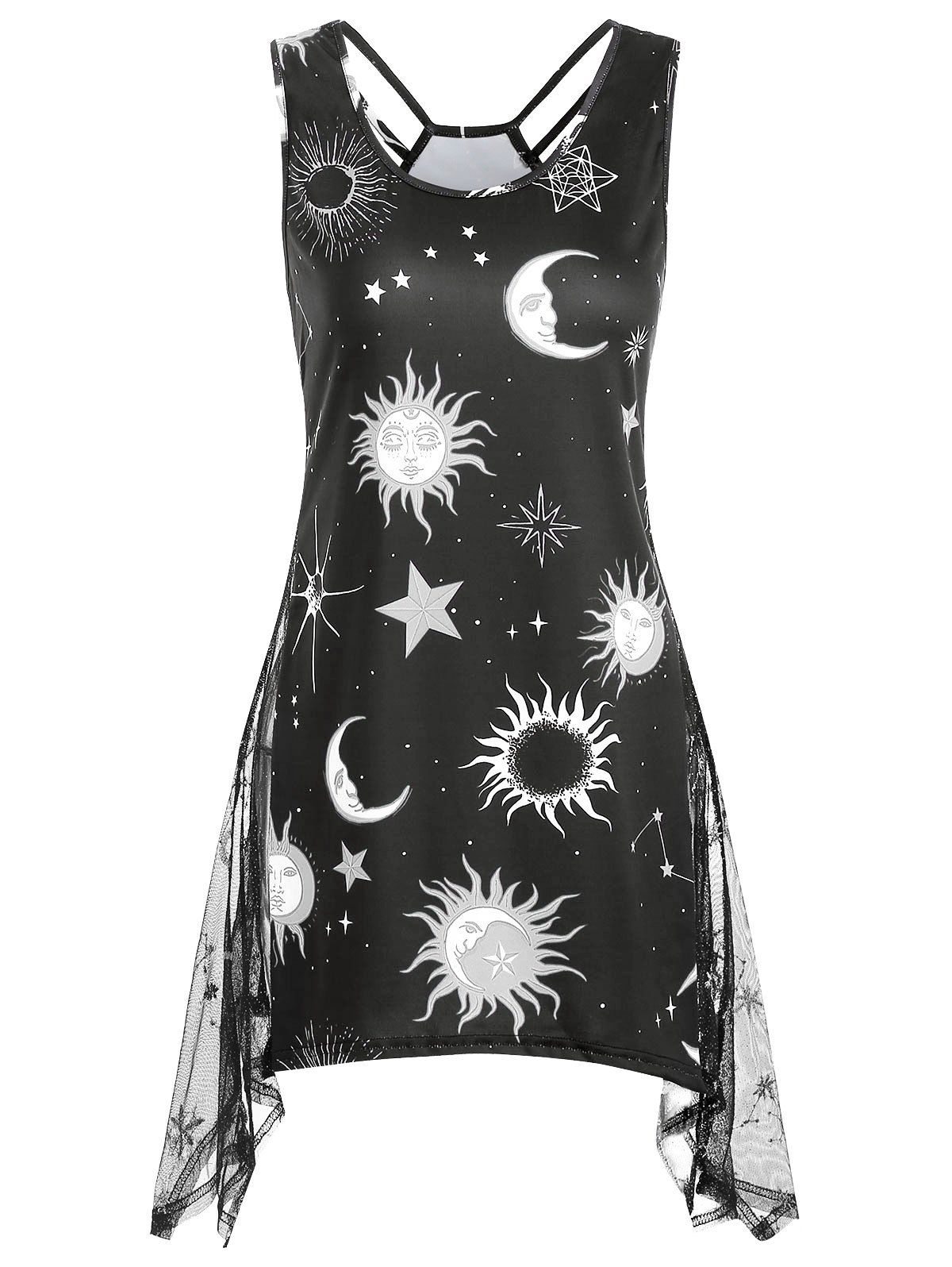 

Sun and Moon Lattice Embroidered Tank Top, Multi-a
