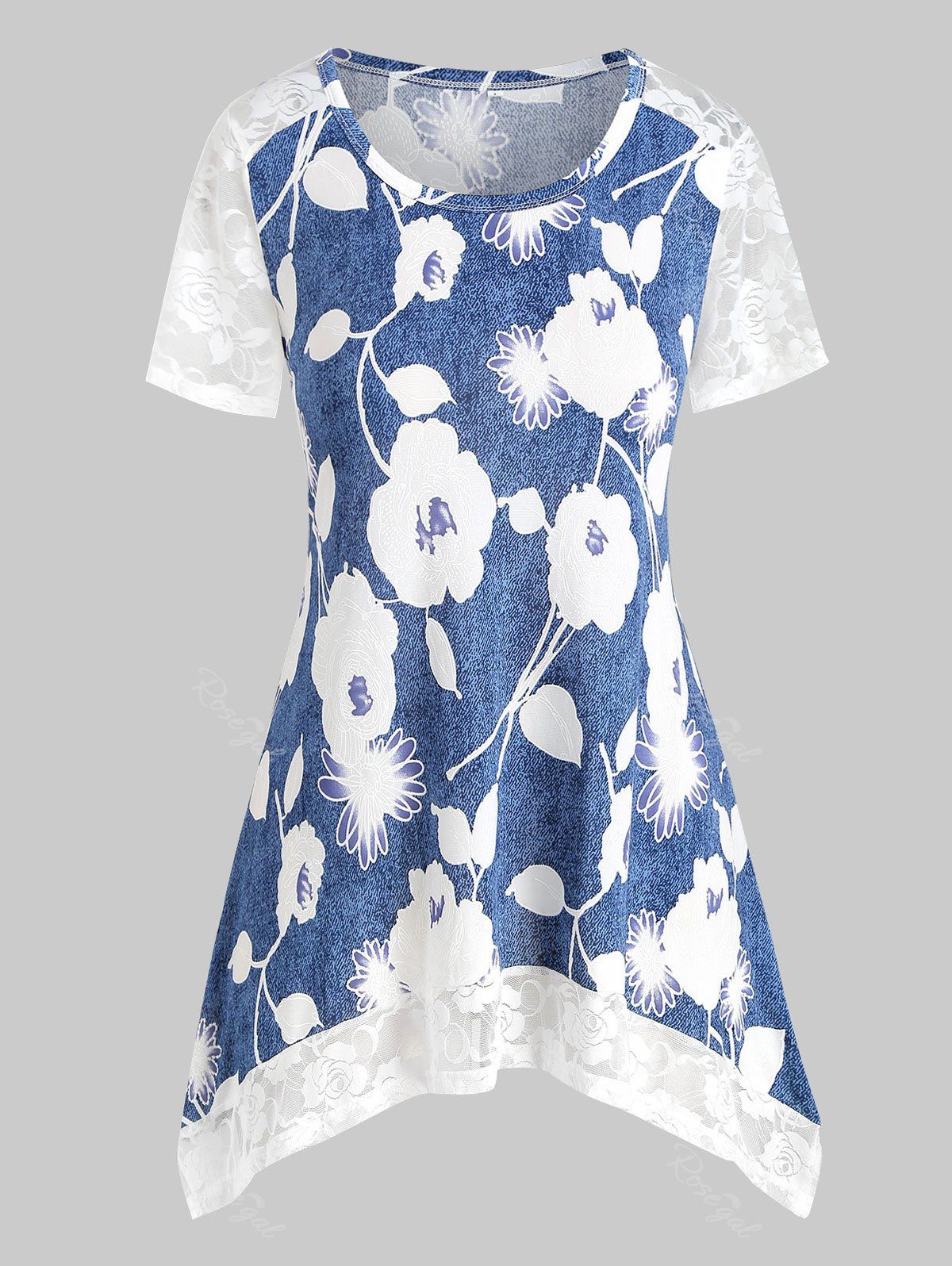 

Plus Size Marled Lace Panel Floral Print T Shirt, Blue gray