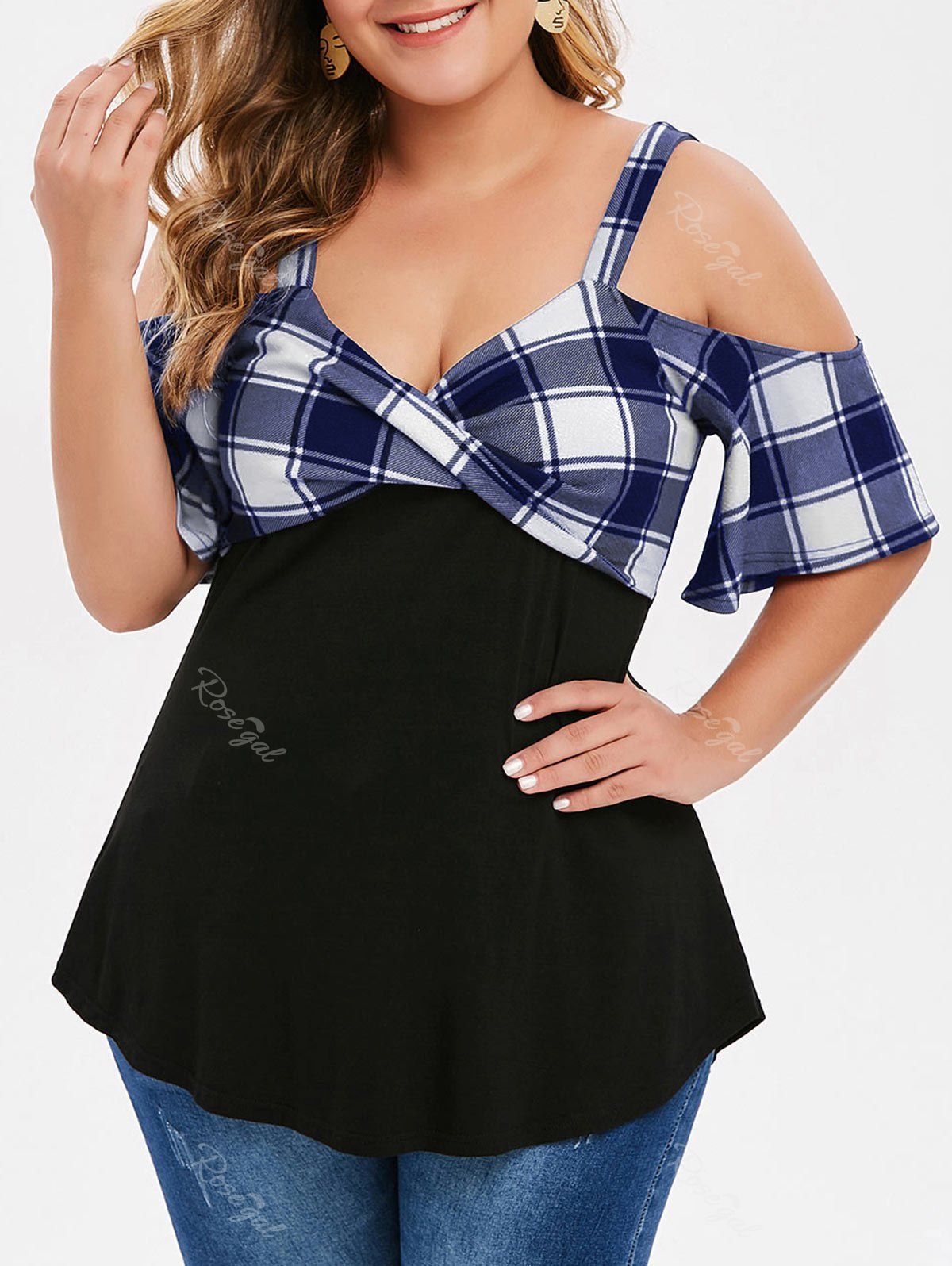 

Plus Size Open Shoulder Twist Plaid T-shirt, Midnight blue