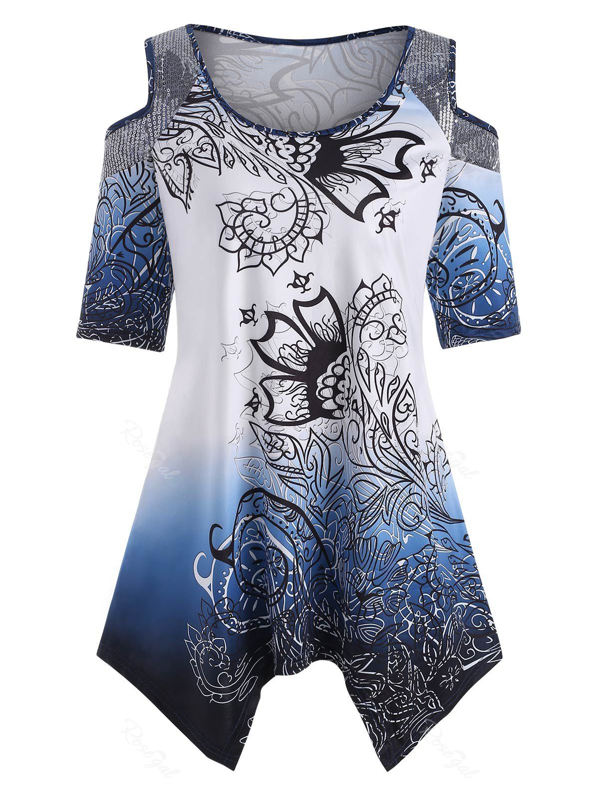 

Plus Size Asymmetry Open Shoulder Tribal Print T-shirt, Blue