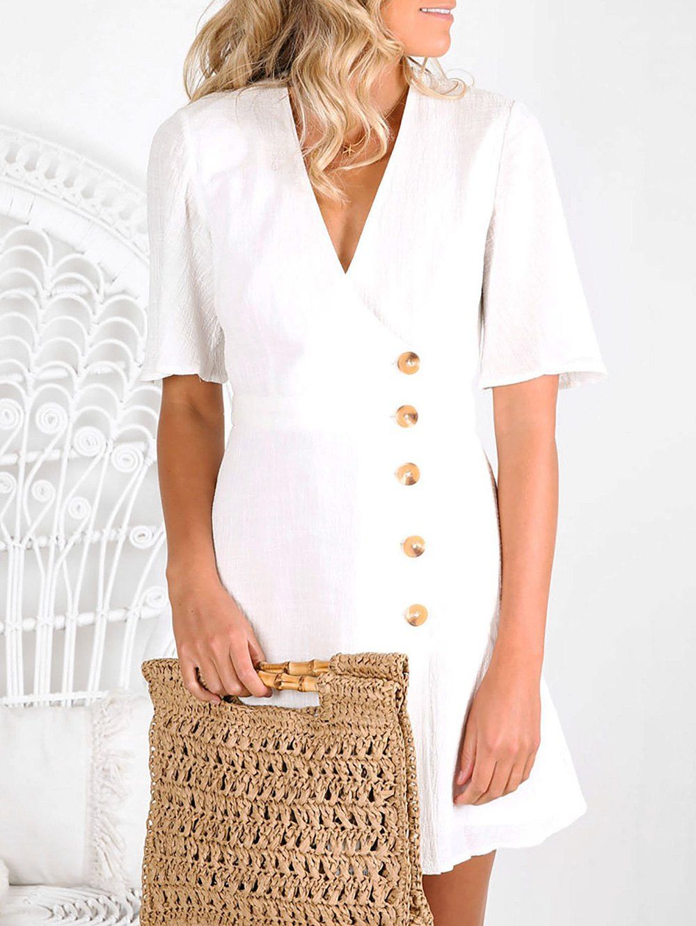 

Side Button Low Cut Casual Dress, White