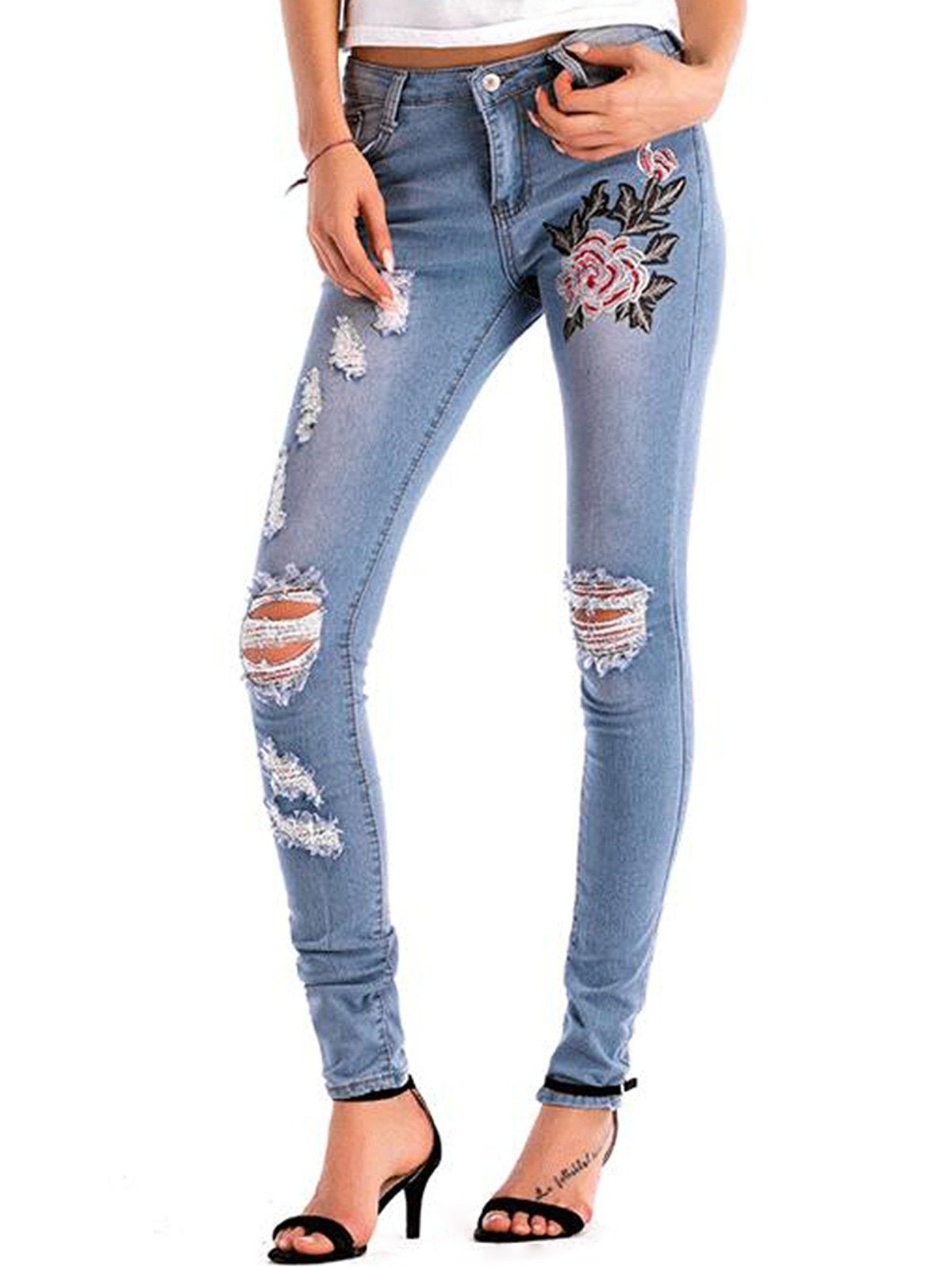 

Floral Embroidered Distressed Pocket Jeans, Denim blue