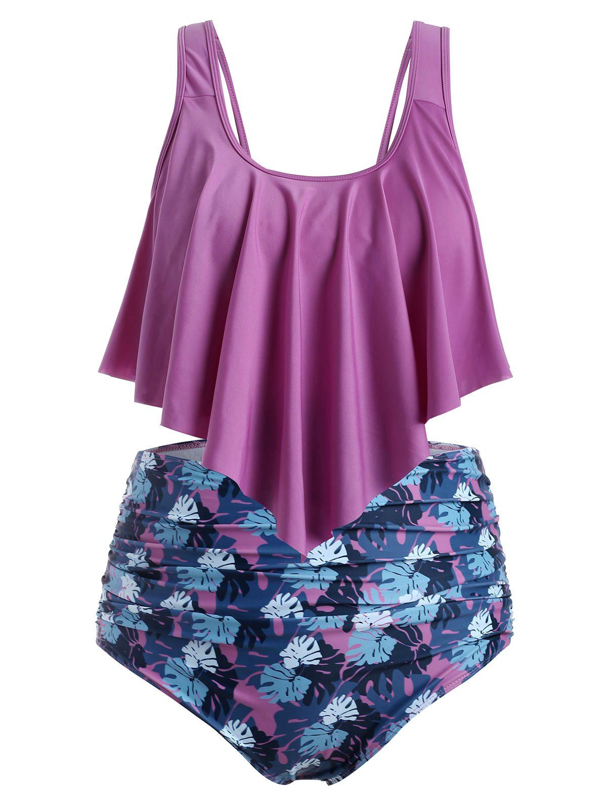 

Plus Size Floral Leaf Ruched High Waisted Tankini Swimsuit, Heliotrope purple