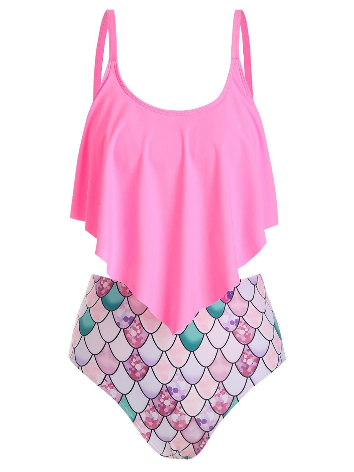 

Flounce Scale Print Mermaid Tankini Swimsuit, Pink