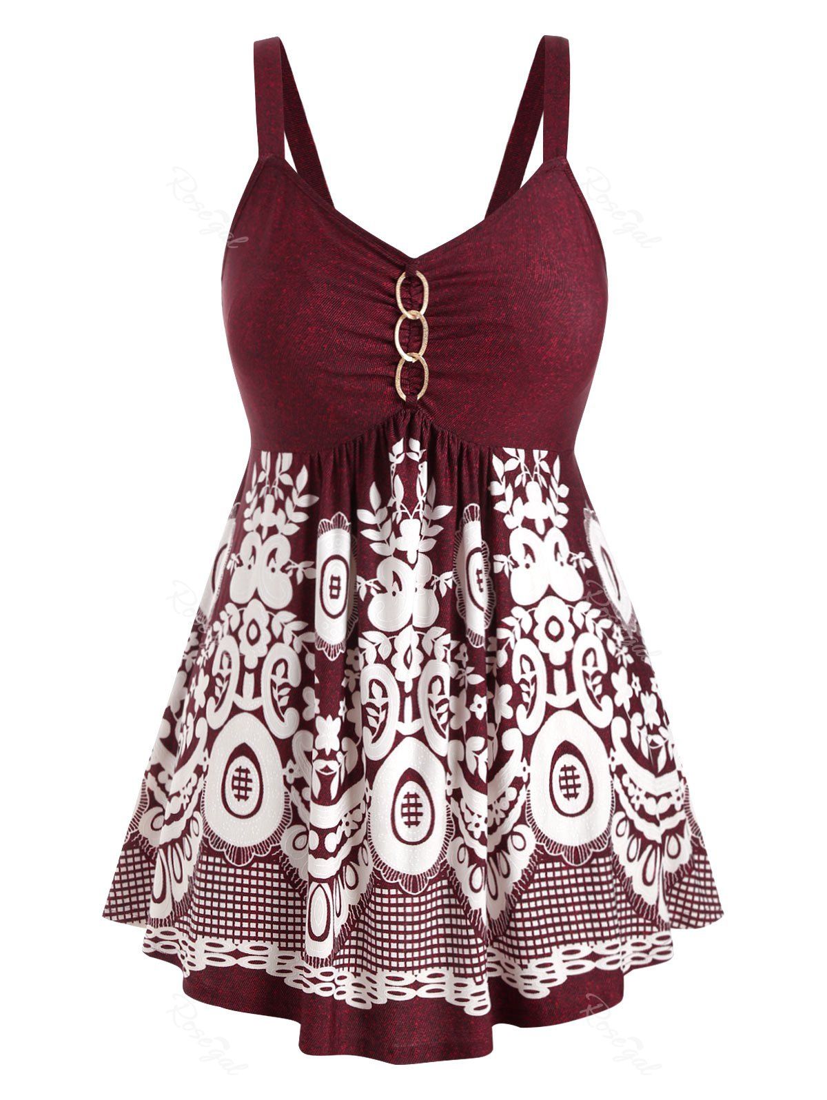 

Plus Size Marled Floral Print Sweetheart Collar Tank Top, Red wine