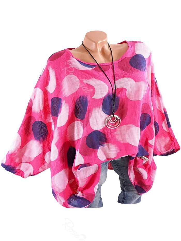 

Plus Size Printed Drop Shoulder Oversized Blouse, Rose red