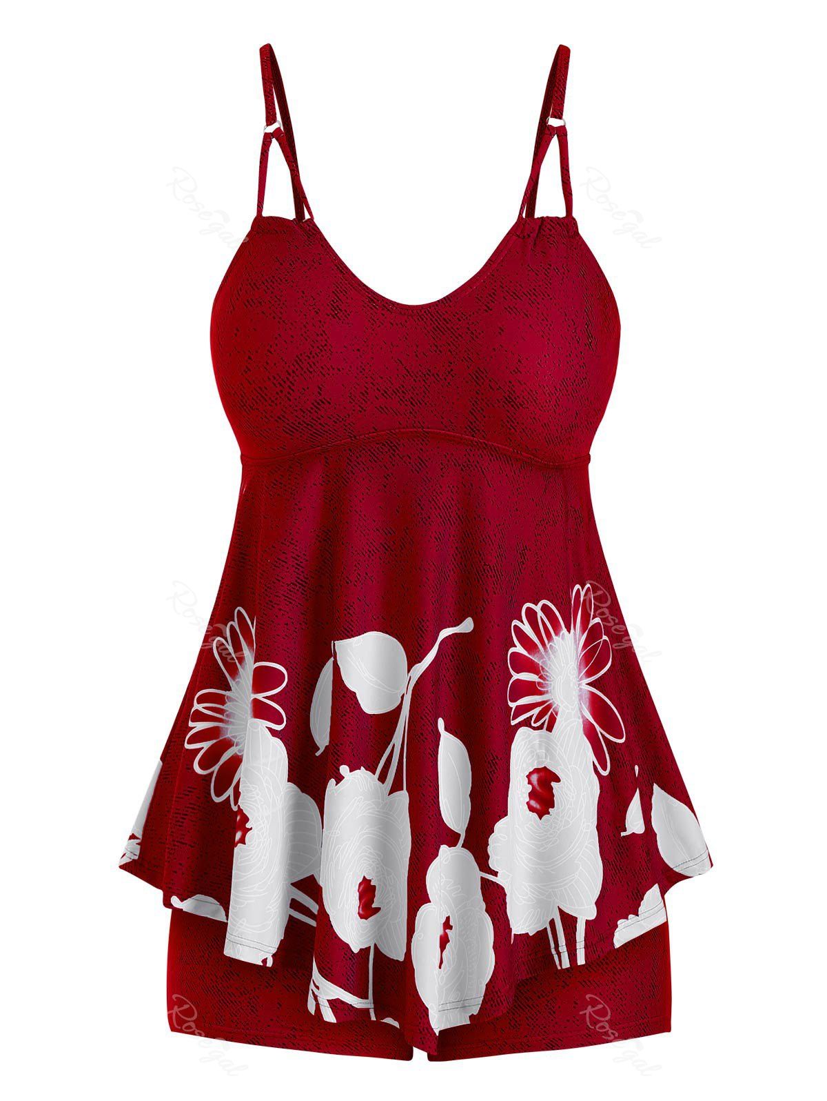 

Plus Size Floral Print Skirted Tankini Swimsuit, Red wine