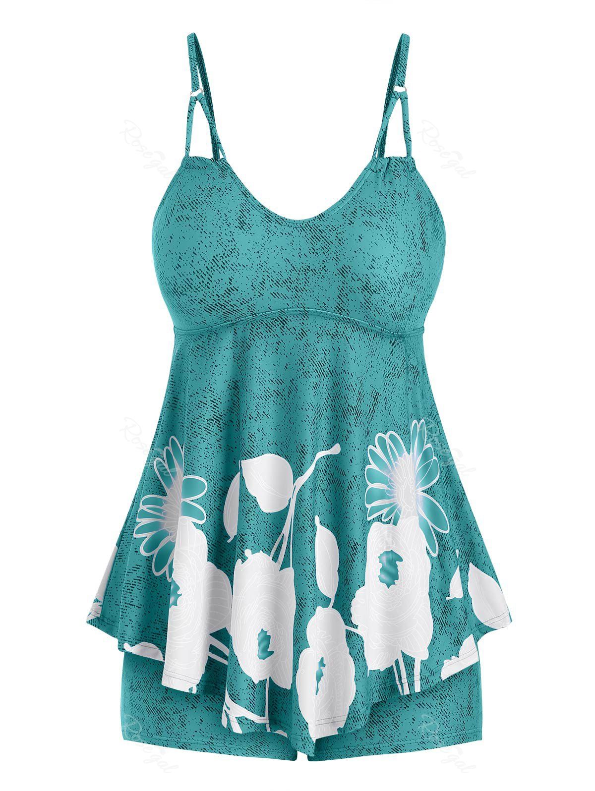 

Plus Size Floral Print Skirted Tankini Swimsuit, Light sea green