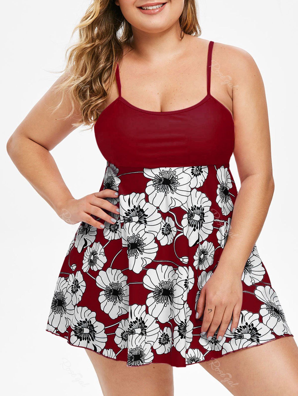 

Contrast Floral Plus Size Tankini Set, Red wine